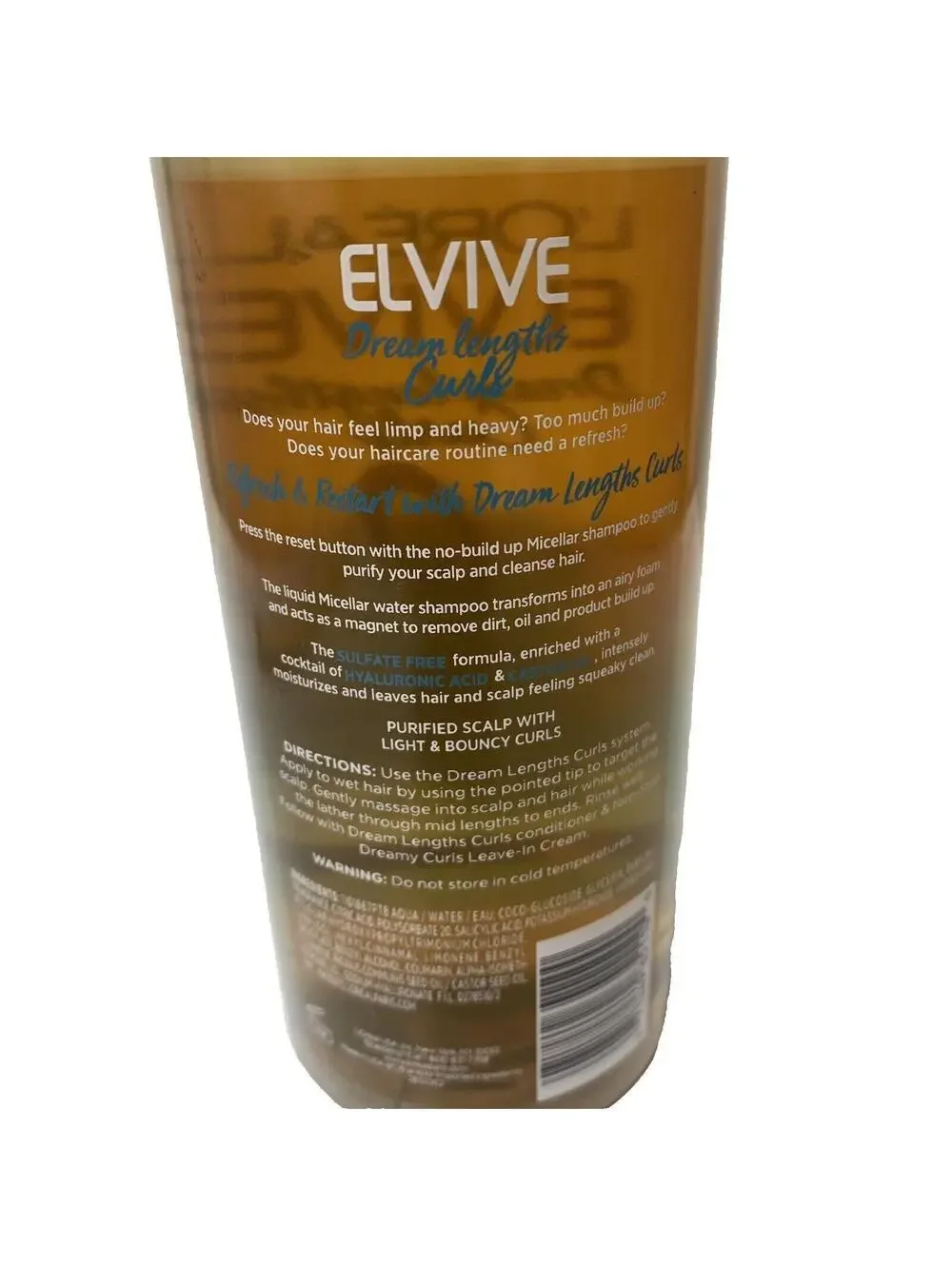 L'oreal Paris Elvive Dream Lengths Curls Micellar Shampoo No Build Up 16.9 Oz.